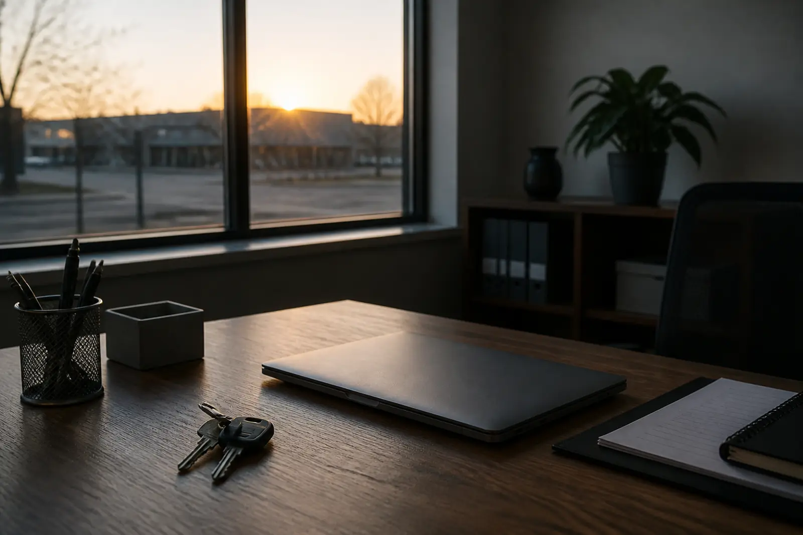 An empty small business office desk at dawn with a closed laptop and a set of keys resting on it, soft window light, no people, no readable text