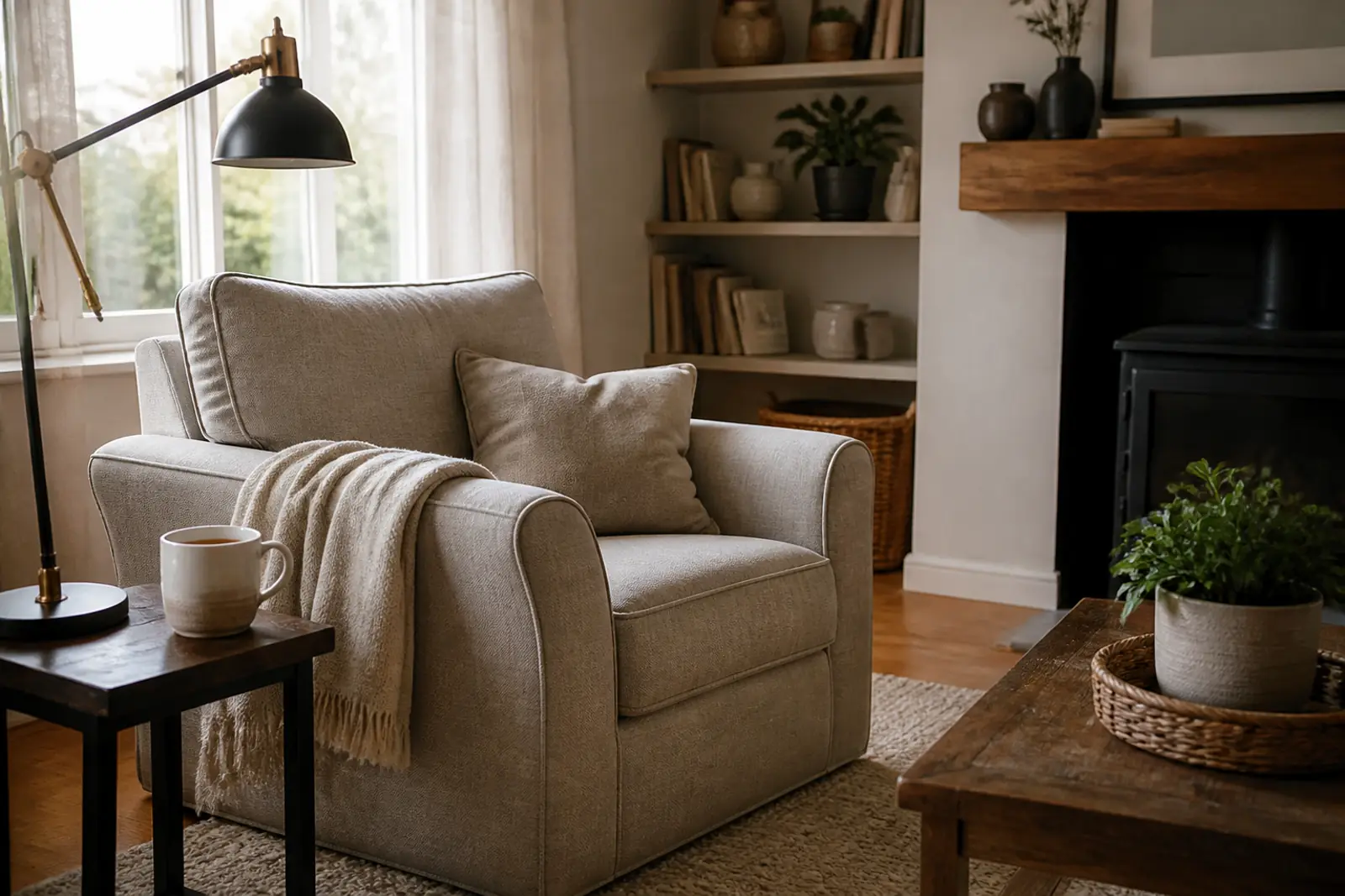 A bright home living room with an armchair, a reading lamp and a cup of tea on a side table, soft daylight, documentary style, no people, no readable text, no l