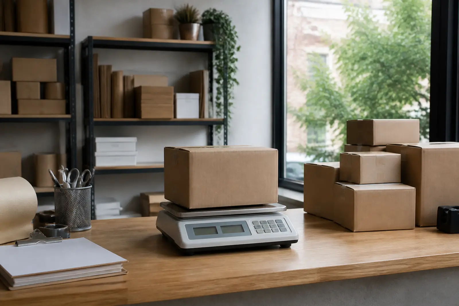 Documentary photograph of a tidy retail shipping counter with stacked plain cardboard boxes and a parcel scale, soft daylight, no people, no logos, no readable