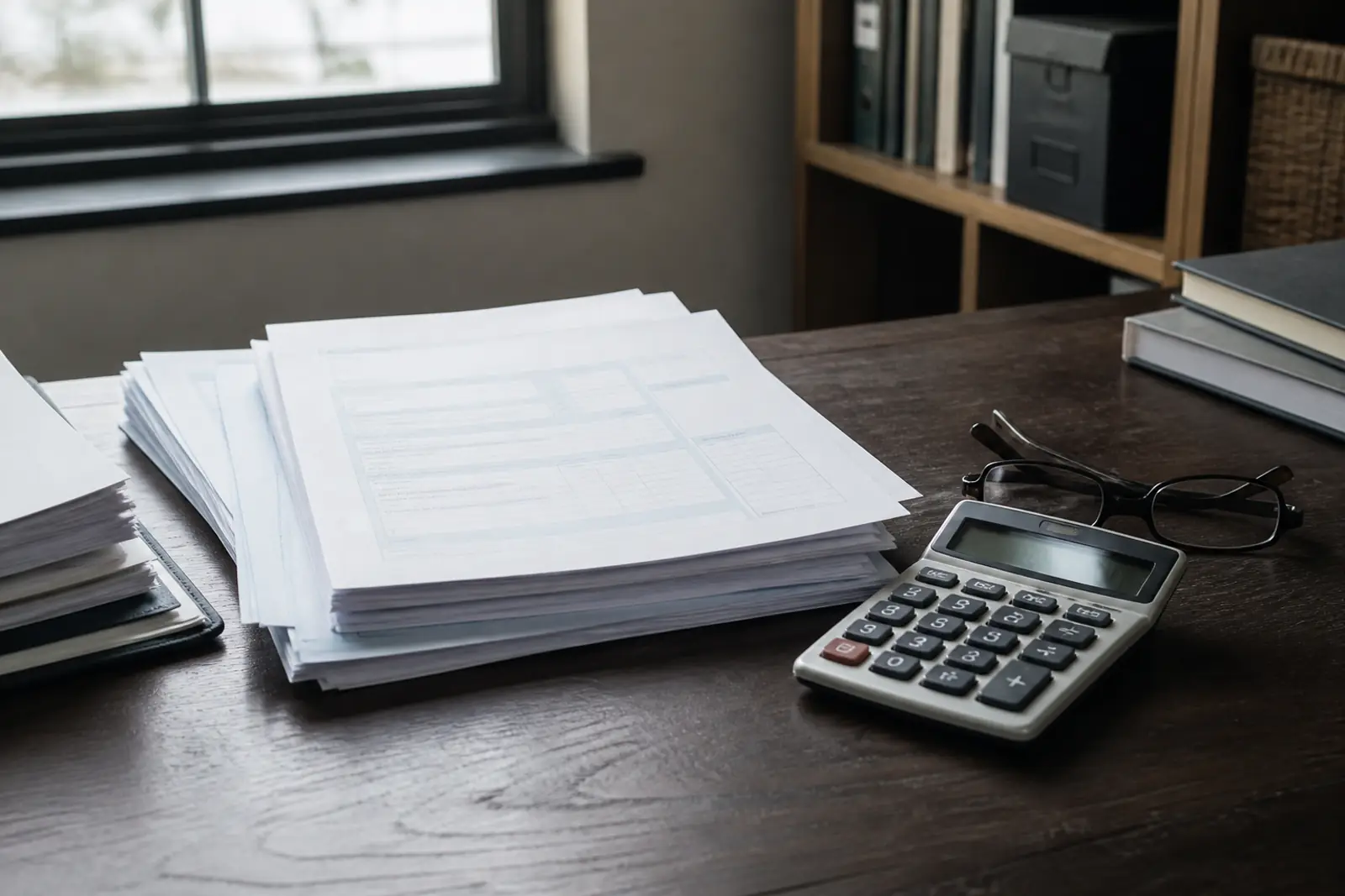 Documentary photo of an office desk with stacked blank tax forms, a desktop calculator and reading glasses in soft window light; no people, no readable text or