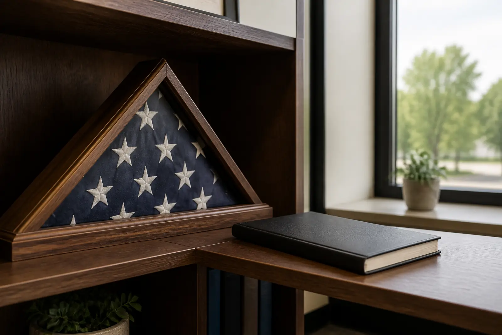 A folded United States flag in a wooden display case on an office shelf beside a new, closed business planner, soft morning light, no people, no text