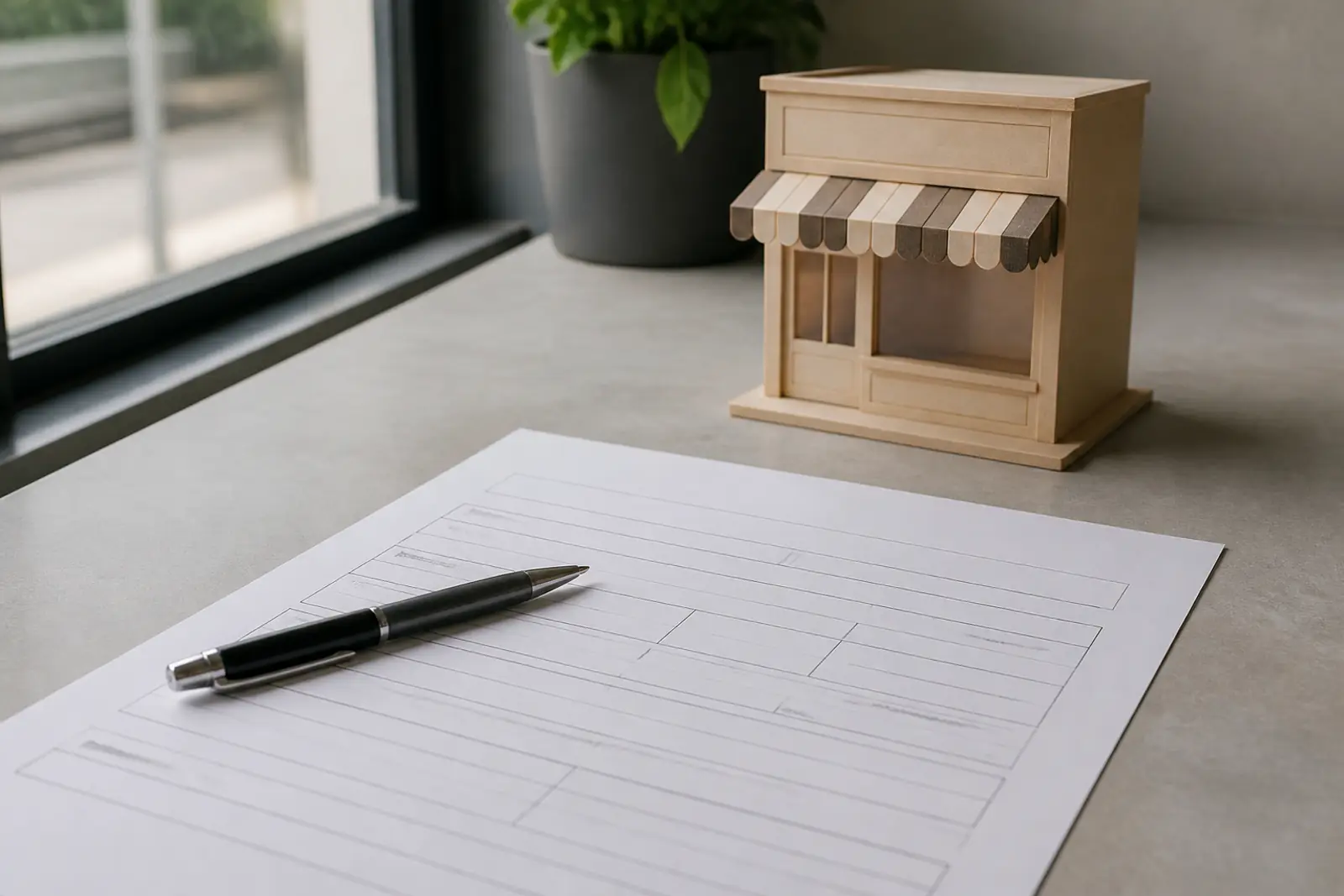 A blank loan application form, a pen and a small wooden storefront model on a plain desk in soft daylight, documentary style, no people, no readable text